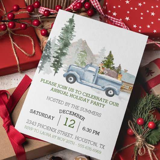 素朴な水彩画のクリスマスツリートラックパーティー 招待状