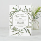素朴な水彩画のグリーンリースフレーム ベビーシャワー 招待状 (スタンド正面)