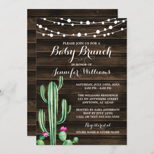 素朴な水彩画のサボテンの納屋の木製のベビーのブランチ 招待状 (正面/裏面)