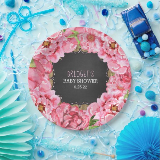 素朴な水彩画のシャクヤクのベビーシャワーの装飾 ペーパープレート (パーティー)