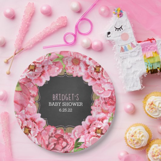 素朴な水彩画のシャクヤクのベビーシャワーの装飾 ペーパープレート (パーティー)
