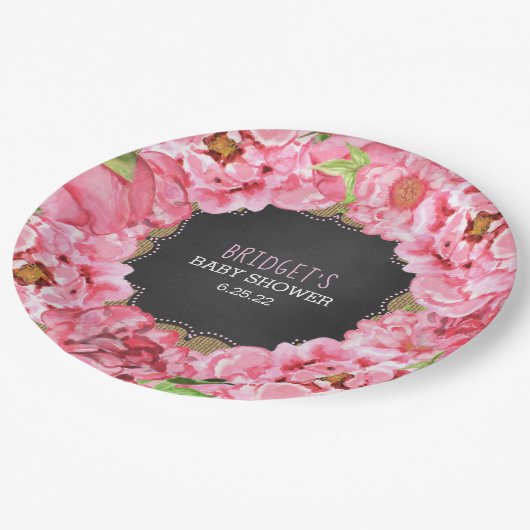 素朴な水彩画のシャクヤクのベビーシャワーの装飾 ペーパープレート (アングル)