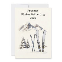 素朴な水彩画のスキー 雪 山 家族の再会