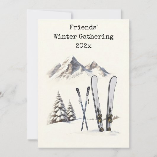 素朴な水彩画のスキー　雪　山　家族の再会 招待状 (正面)