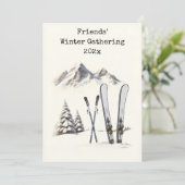 素朴な水彩画のスキー　雪　山　家族の再会 招待状 (スタンド正面)