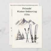 素朴な水彩画のスキー　雪　山　家族の再会 招待状 (正面/裏面)