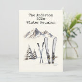 素朴な水彩画のスキー　雪　山　家族の再会 招待状 (スタンド正面)