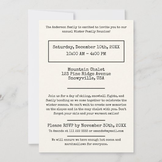 素朴な水彩画のスキー 雪 山 家族の再会 招待状 (裏面)