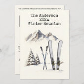 素朴な水彩画のスキー　雪　山　家族の再会 招待状 (正面/裏面)
