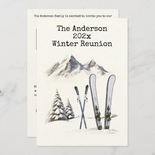 素朴な水彩画のスキー 雪 山 家族の再会 招待状 (正面/裏面)