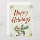 素朴な水彩画のハッピー ホリデー冬の風景カード シーズンカード (正面/裏面)