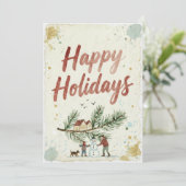 素朴な水彩画のハッピー ホリデー冬の風景カード シーズンカード (スタンド正面)
