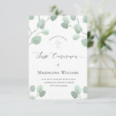 素朴な水彩画のユーカリのグリーンが彩る聖体拝領 招待状 (スタンド正面)