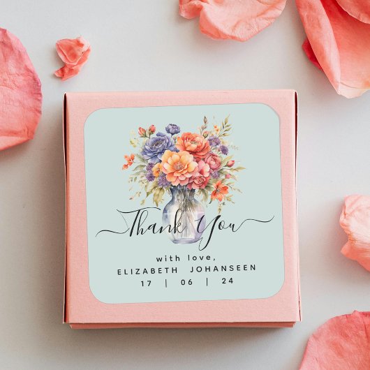 素朴な水彩画のワイルドフラワー メイソンジャー 感謝 スクエアシール