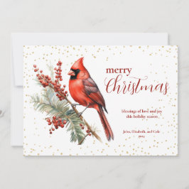 素朴な水彩画の冬のカーディナルとホリーブランチ シーズンカード