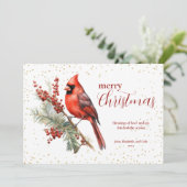 素朴な水彩画の冬のカーディナルとホリーブランチ シーズンカード (スタンド正面)
