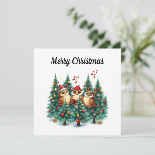 素朴な水彩画の冬の松の木が歌うクリスマスソング シーズンカード (スタンド正面)