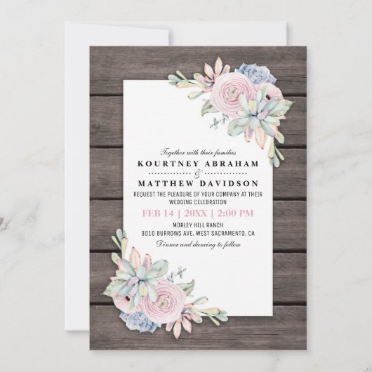 素朴な水彩画の多肉植物 ピンクの桃色のウェディング 招待状 (正面)