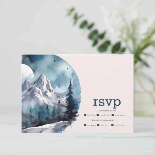 素朴な水彩画の山々と森林のウィンターウェディング 出欠カード (スタンド正面)