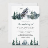 素朴な水彩画の山々と森林の冬の結婚式 招待状 (正面)