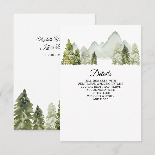 素朴な水彩画の山と松の木の冬の結婚式 エンクロージャーカード (正面/裏面)