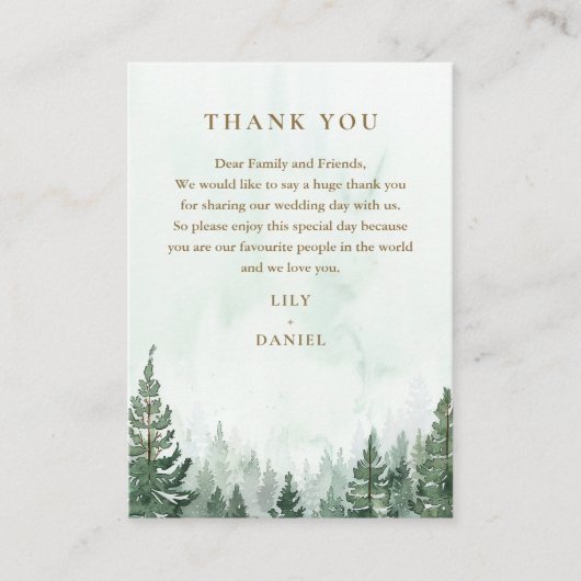 素朴な水彩画の松林のウェディング サンクスカード プレイスカード (正面)