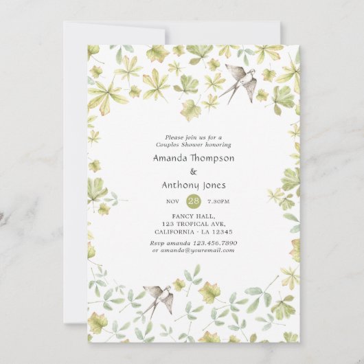 素朴な水彩画の森のカップルシャワー 招待状 (正面)