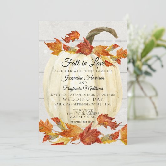 素朴な水彩画の秋の落ち葉とパンプキンの白い木 招待状 (スタンド正面)