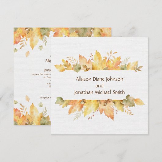素朴な水彩画の秋の葉のスクエア｜ 招待状 (正面/裏面)