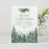素朴な水彩画の緑の松の木の森のクリスマス シーズンカード (スタンド正面)