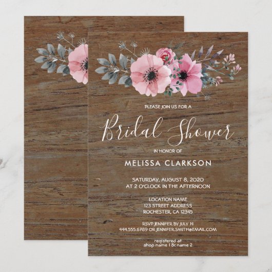 素朴な水彩画の花と納屋の木の結婚前お披露目パーティー 招待状 (正面/裏面)