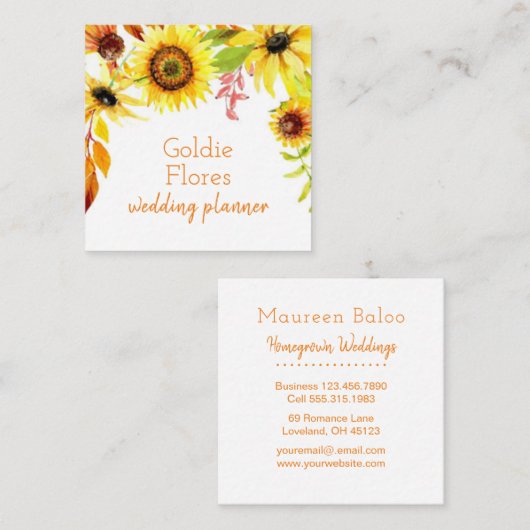 素朴な水彩画の花柄のヒマワリ スクエア名刺 (正面/裏面)
