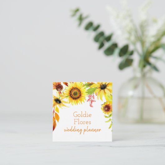 素朴な水彩画の花柄のヒマワリ スクエア名刺 (スタンド正面)