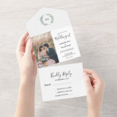 素朴な水彩画の葉のイニシャル写真 ウェディング オールインワン招待状 (貼ってはがせる)