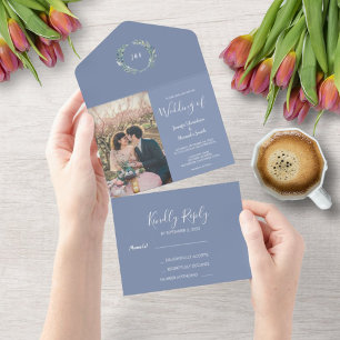 素朴な水彩画の葉のイニシャル写真 ウェディング オールインワン招待状