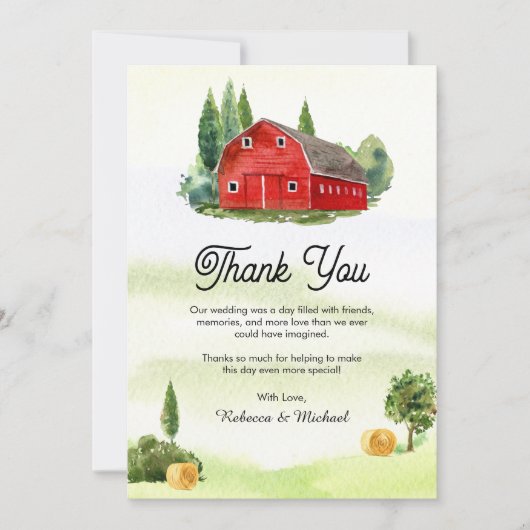 素朴な水彩画の赤い納屋の地方の農村の結婚式 サンキューカード (正面)