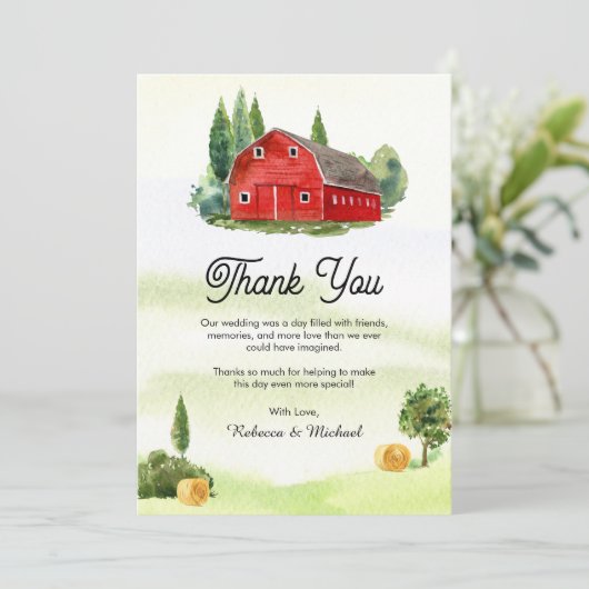 素朴な水彩画の赤い納屋の地方の農村の結婚式 サンキューカード (スタンド正面)