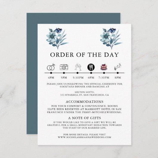 素朴な水彩画の青い花束のイラスト エンクロージャーカード (正面/裏面)