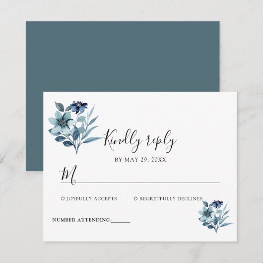 素朴な水彩画の青い花束のイラスト 出欠カード (正面/裏面)