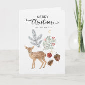 素朴な水彩画の鹿と植物のクリスマス シーズンカード (正面)