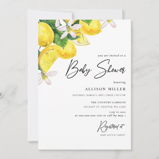 素朴な水彩画の黄色いレモンのベイビーシャワー 招待状 (正面)