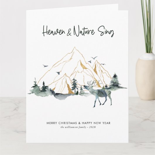 素朴な水彩画の1枚の写真が楽しめるウッドランドクリスマス カード (正面)