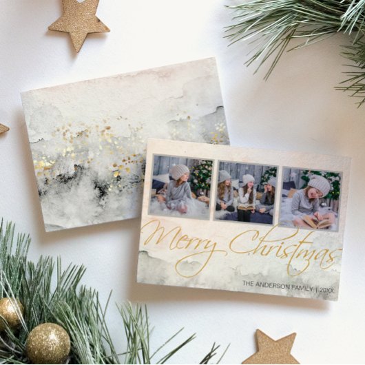 素朴な水彩画の3枚の写真のクリスマスカード シーズンカード