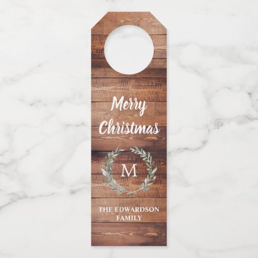 素朴な水彩画は木製のメリークリスマスを去ります ボトルネックタグ (正面)