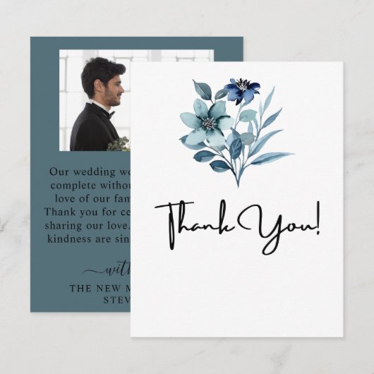 素朴な水彩画イラスト ブルー 花束 サンキューカード (正面/裏面)