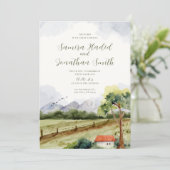 素朴な水彩画風の山岳地帯のウェディングフォト 招待状 (スタンド正面)