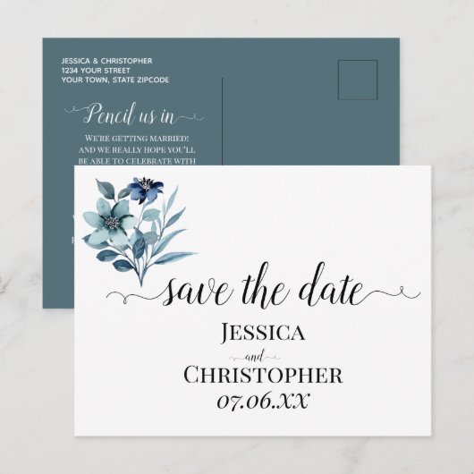 素朴な水彩画風イラスト ブルーの花束 案内ポストカード (正面/裏面)