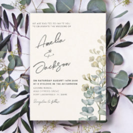 素朴な水彩画 ユーカリグリーン ウェディング インビテ 招待状