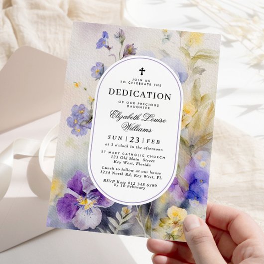 素朴な水彩画 紫と黄色の献花 招待状