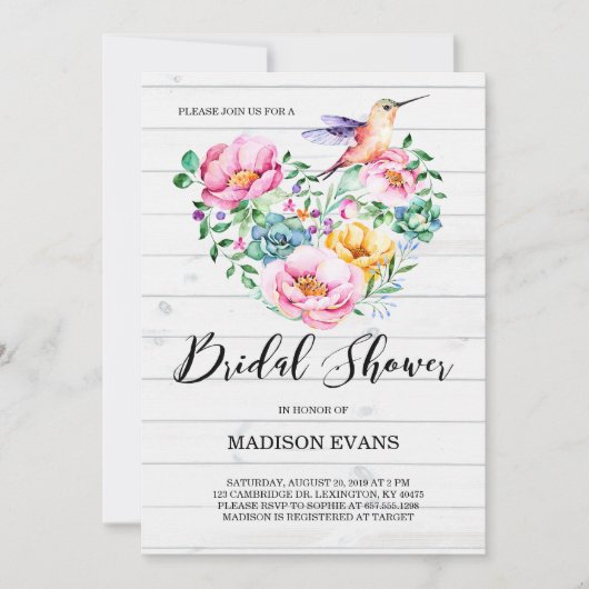 素朴な水彩花とハミングバードのウェディングシャワーの招待状 招待状 (正面)